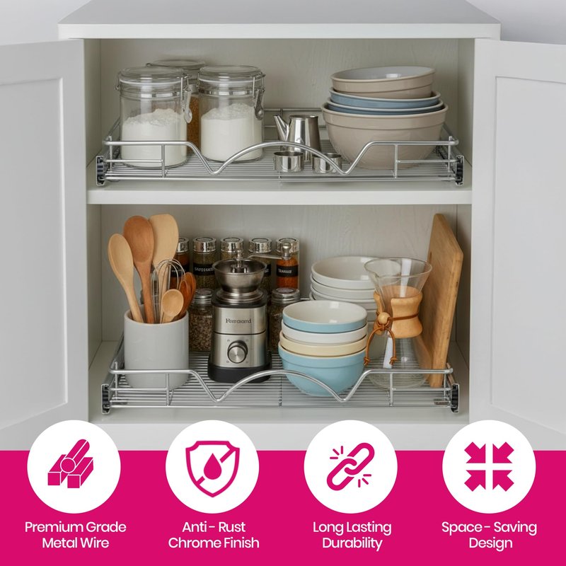 HOLDN’ STORAGE Pull Out Cabinet Organizer - Heavy Duty Steel with Smooth Slide-Out Drawers, Chrome Finish - 20" W x 17" D Basket, Fits 21.25" Cabinet Opening