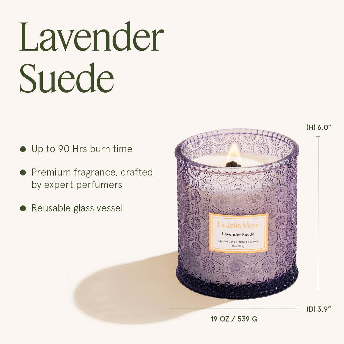 LA JOLIE MUSE Lavender Suede Scented Candle for Home |19 oz Non Toxic Soy Wax | Large Purple Jar Candle | Aromatherapy Candles | Luxury Gifts for Women & Men