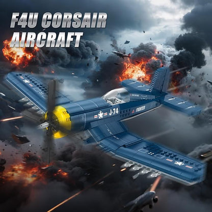 F4U Corsair Fighter Aircraft Building Block Sets - WW2 Military Airplane Building Bricks Toys Navy &amp Marine Corps Warbird Plane Model Kits Birthday Gifts for Boys