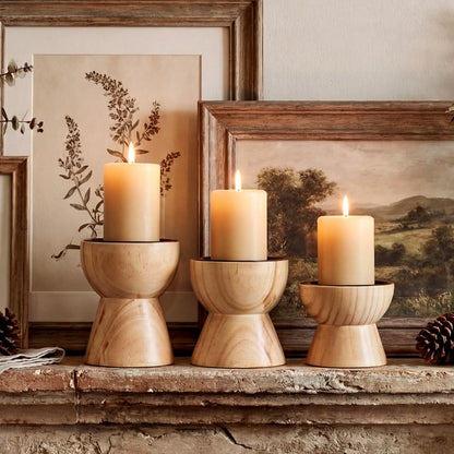 Mifoci Farmhouse Wooden Candle Pillar Holders Set of 3, Rusitc Brown Candle Holders for LED Flameless Pillar Candles Solid Wood Candlesticks Pedestal for Fireplace Mantle Table Centerpiece Decor