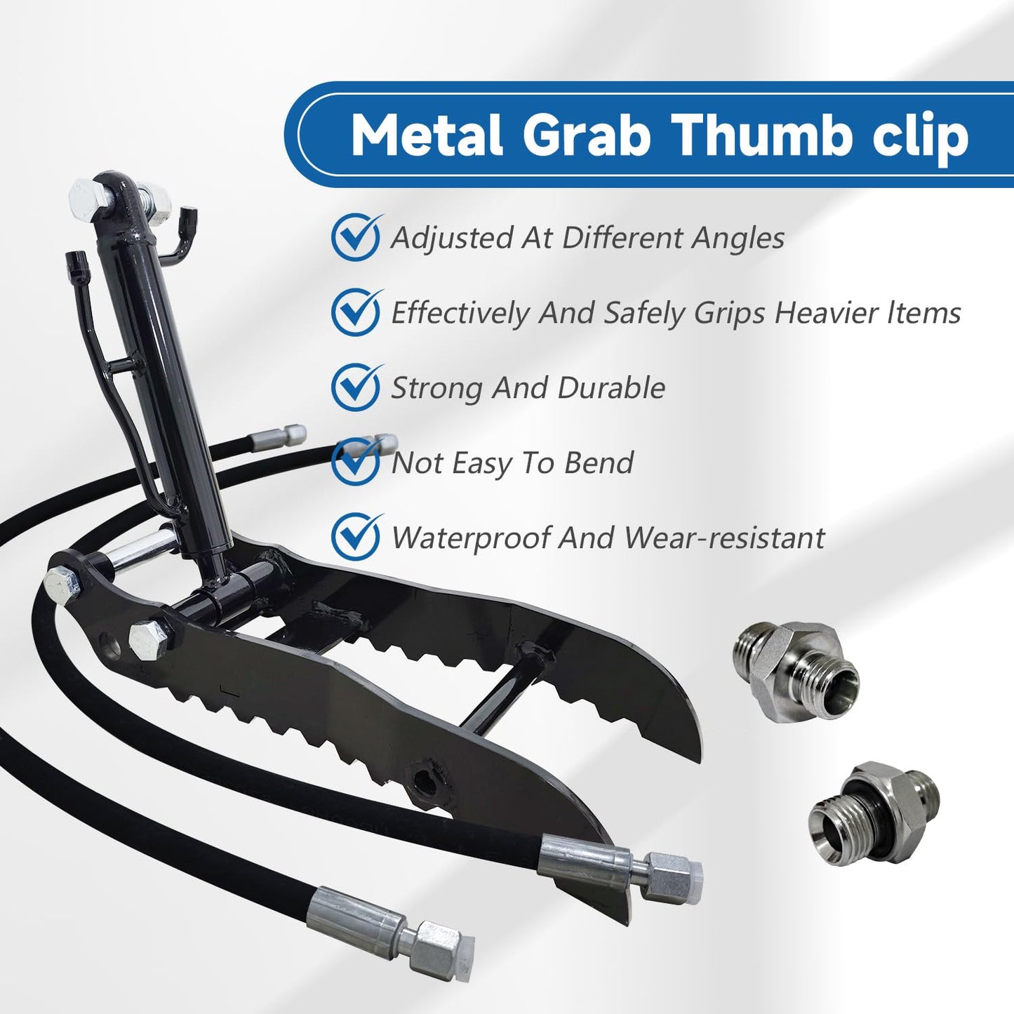 Hydraulic Thumb Holder for Small Excavator Attachments, Metal Grab Thumb Holder with 2*M14 Hose, for Single Hole Hydraulic Thumb Holder, no L-Bracket, with 2* M14-M16 Converter