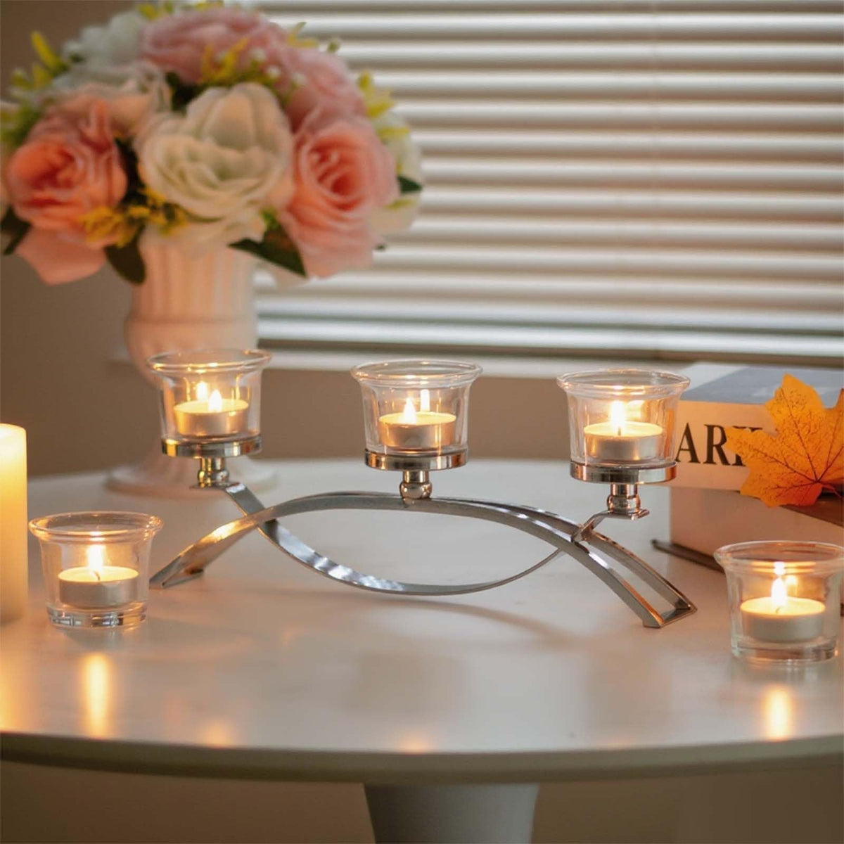 3-Arm Metal Tea Light Candle Holder Set with 5 Glass Cups, Votive Candle Holders Centerpiece Candelabra for Wedding Table Decor, Home Gatherings and Holidays (Silver, 5 Cups)