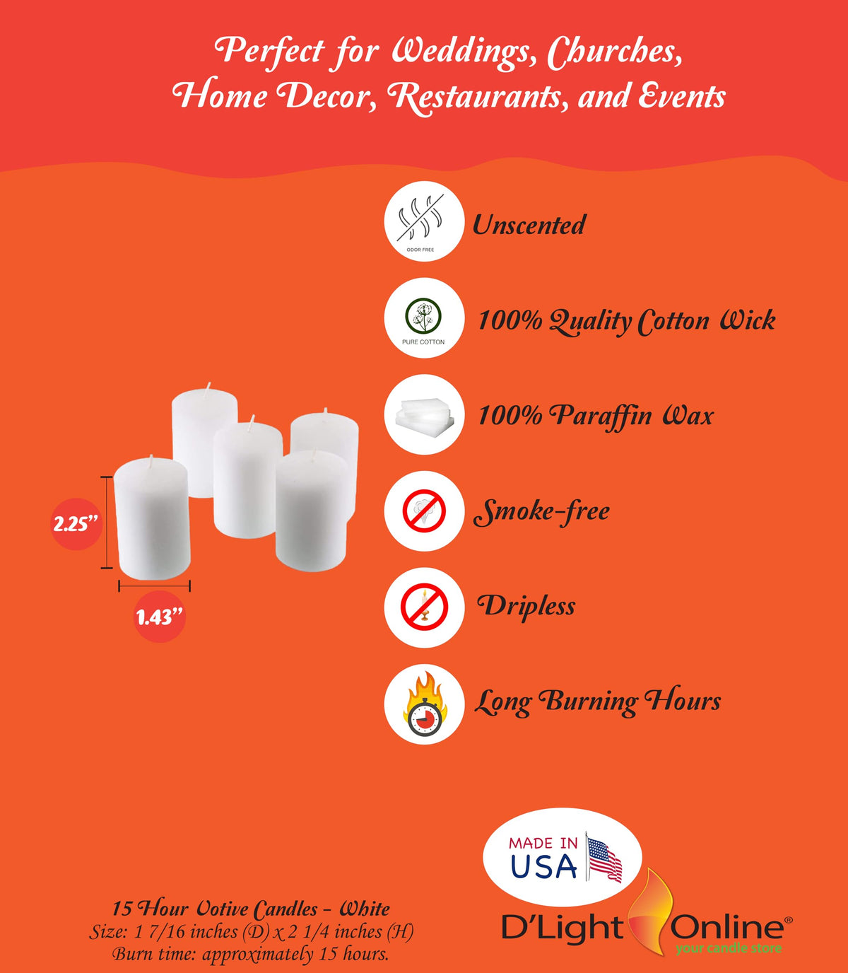 D'light Online 15 Hour Unscented White Emergency and Events Bulk Votive Candles for Wedding Votives, Luminary Candles, Restaurants, Churches, Bars, Parties, Spa and Decor (Set of 36 - White, 15 Hour)