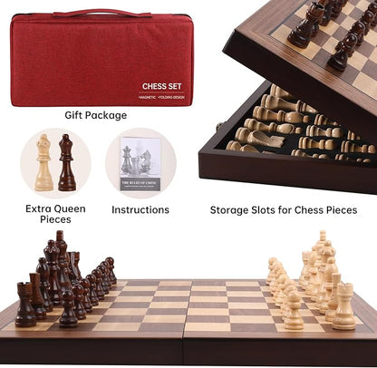 Magnetic Wooden Chess Set 15'' Folding Chess Board Portable Travel Chess Set Games with Chessboard Bag Beginner Chess Set for Tournament Professional Beginner