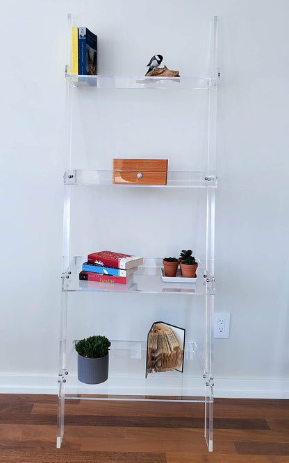 Acrylic Ladder Bookcase Wall Leaning Shelves – Large & Robust Modern Clear Floating Bookshelf - Decor Display for Open Shelving, Organizer, or Storage in the Living Room, Office, Bedroom, or Bathroom