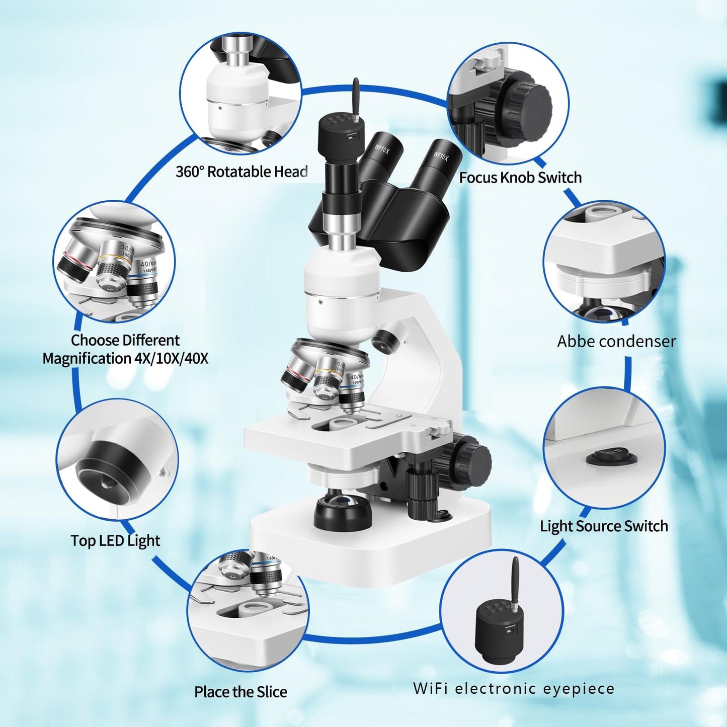 Trinocular Microscope 40x-2000x Magnification Double-Layer Stage with LED Lights on top and Bottom, Thick and Thin Dual Focusing knobs, Professional Biological Microscope (WiFi Electronic Eyepiece)