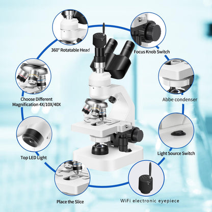 Trinocular Microscope 40x-2000x Magnification Double-Layer Stage with LED Lights on top and Bottom, Thick and Thin Dual Focusing knobs, Professional Biological Microscope (WiFi Electronic Eyepiece)