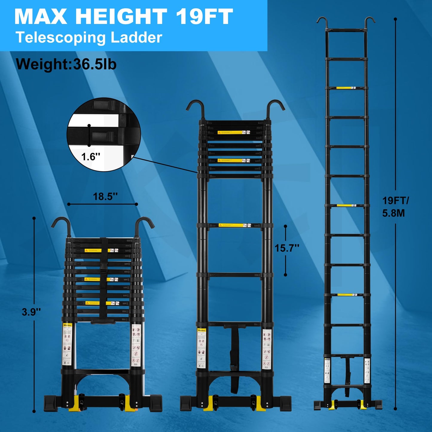 Wolec 19 FT Telescoping Ladder with Hooks, Adjustable Multi-Purpose Collapsible Extension with Stabilizers & Wheels, Heavy Duty 330 lbs Max Capacity, Ideal for Home and Outdoor Work,Black