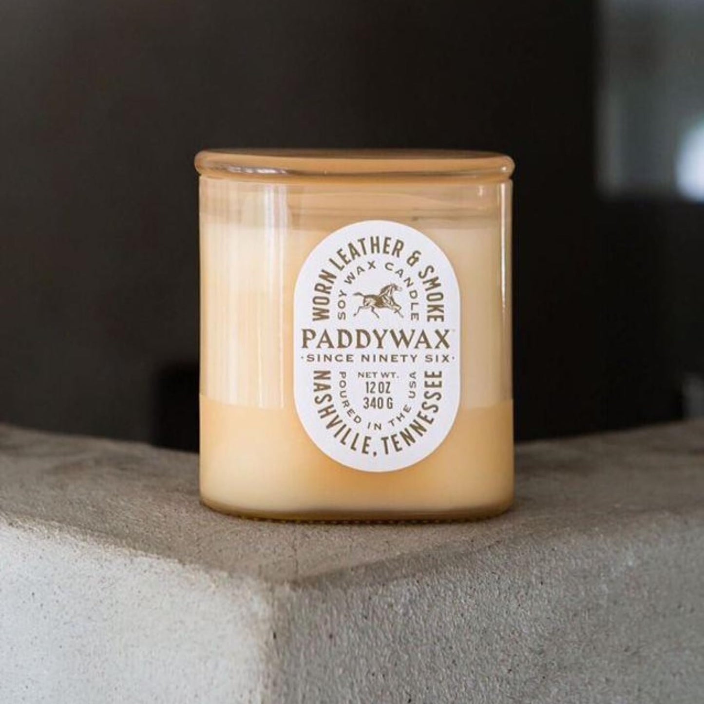 Paddywax Vista Scented Candle with Lid in Reusable Tonal Glass Jar, Clean-Burn 2-Wick Soy Candle with Approx. 84 Hour Burn Time, Decorative Gift Candles for Home, Worn Leather & Smoke, 12 oz