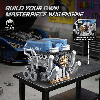 W16 Engine Building Kit (Twin V8 Design) 751 PCS to Build Your Own W16 Engine Model Kit for Kids Boys Compatible with Lego Engine Sets for Boys 8-14 STEM Building Blocks Toys for Kids Adult