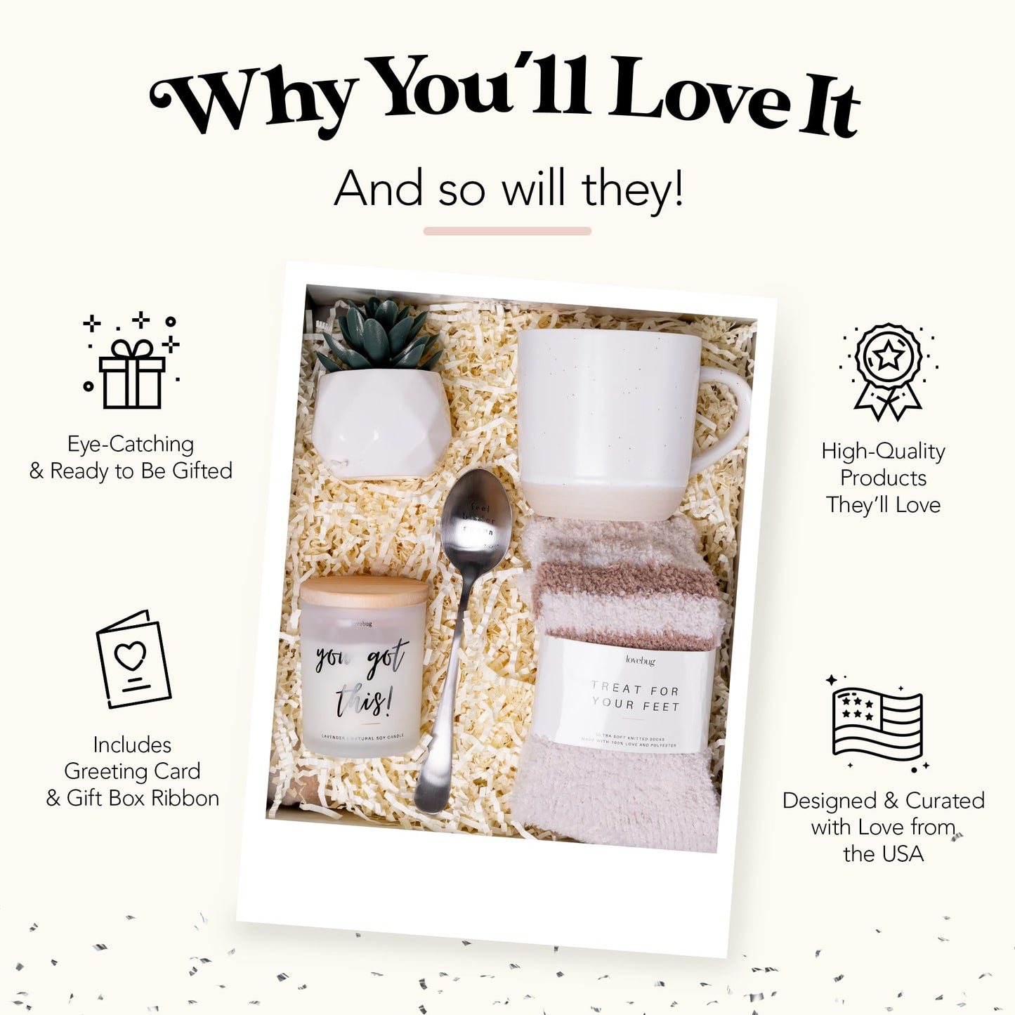 lovebug Get Well Soon Gift Basket for Women – After Surgery Gifts, Feel Better Care Package with Blanket, Candle, Socks, Mug, Spoon, Succulent – Thinking of You Self Care Gifts for Women Basket