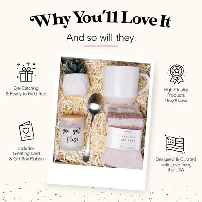 lovebug Get Well Soon Gift Basket for Women – After Surgery Gifts, Feel Better Care Package with Blanket, Candle, Socks, Mug, Spoon, Succulent – Thinking of You Self Care Gifts for Women Basket