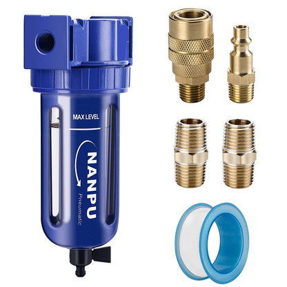 NANPU 3/8" NPT Compressed Air Filter, Zinc Alloy, 5 Micron Brass Element, Quick Release Bowl, Manual Drain, for Air Compressor ＆ Pneumatic Tools