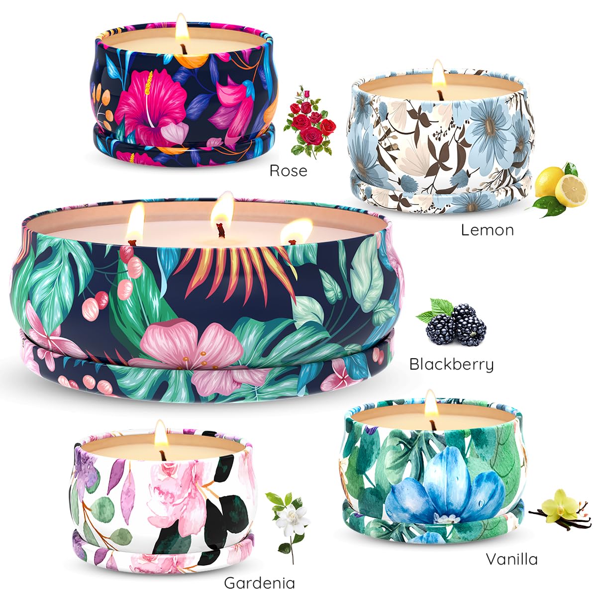 5 Set Highly Scented Candles Gift Set for Home Women, Decorative Natural Soy Wax Aromatherapy Candles for Christmas - 1pc 13.5oz BlackBerry and 4pcs 2.5oz Rose, Lemon, Vanilla and Gardenia Fragrance