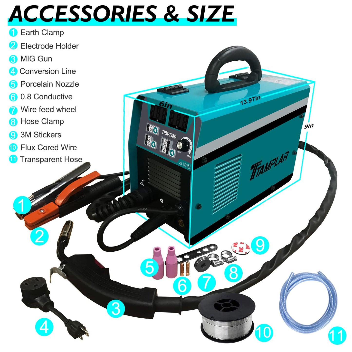 TTAMPLAR MIG Welder - 135AMP 110V&220V Dual Voltage 4 in 1 Flux MIG/Solid Wire/Stick ARC/Lift TIG Gas/Gasless welding, IGBT Inverter Welding Machine TPM-135D