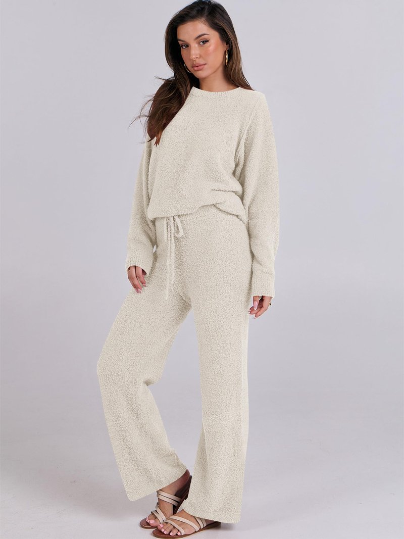ANRABESS Women's Fuzzy Fleece Pajama Sets 2 Piece Outfits Long Sleeve Top Wide Leg Pants Lounge Matching Set 2025 Fall Winter