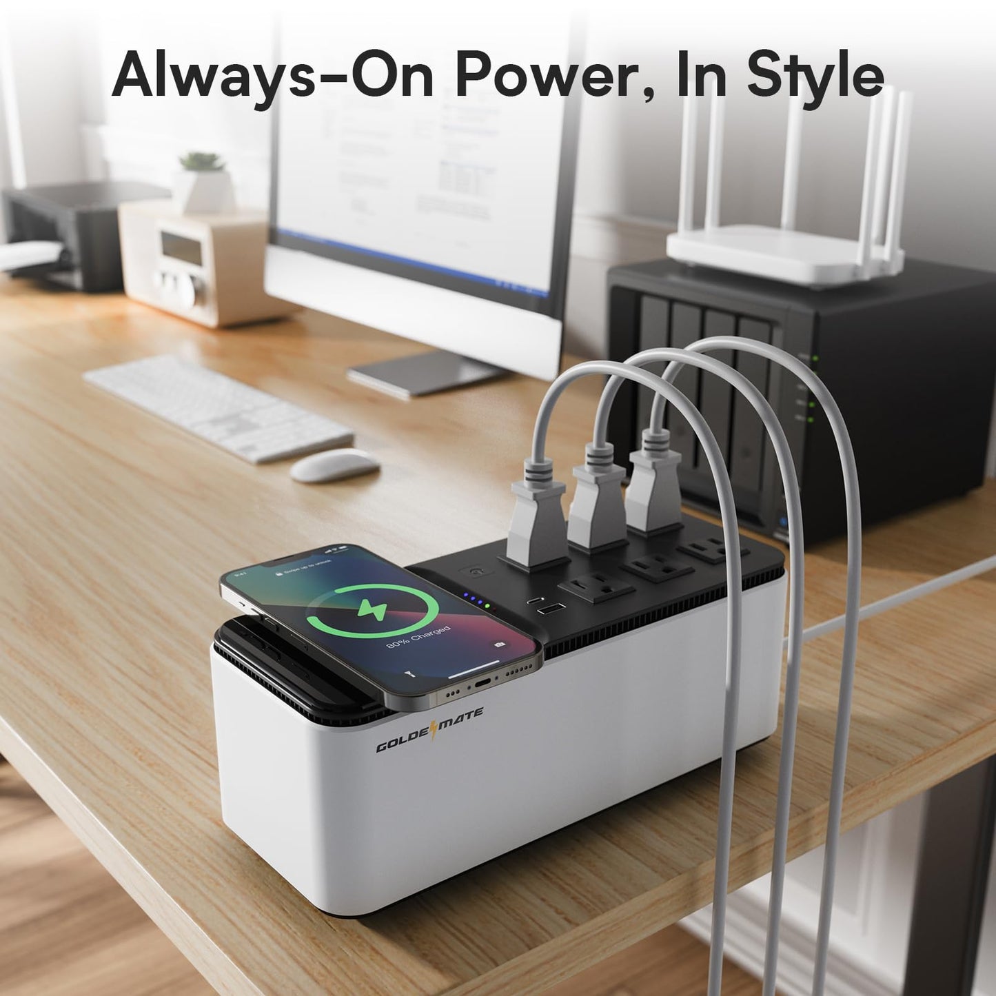 GOLDENMATE 600VA/360W Lithium UPS Battery Backup and Surge Protector, Backup Battery Power Supply with LiFePO4 Batteries(76.8 Wh), 6 Outlets, 2 USB Ports, Wireless Charging, Wall Mount Compact Design