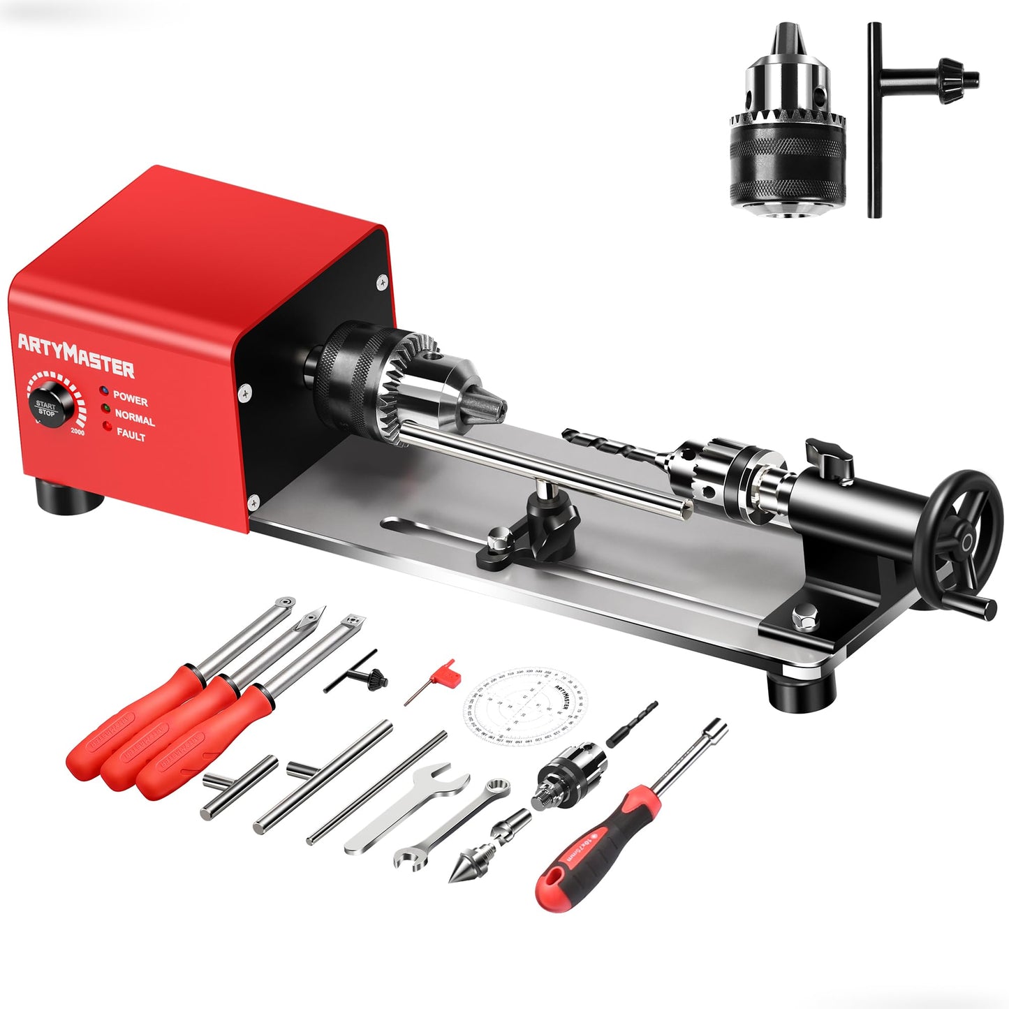 Mini Lathe, WM101A Mini Wood Lathe Machine, 24VDC 96W Power Lathe, Small Benchtop Lathe with Wood Turning Lathe Tools Kits, Infinitely Variable Speed, Professional for DIY Woodworking.