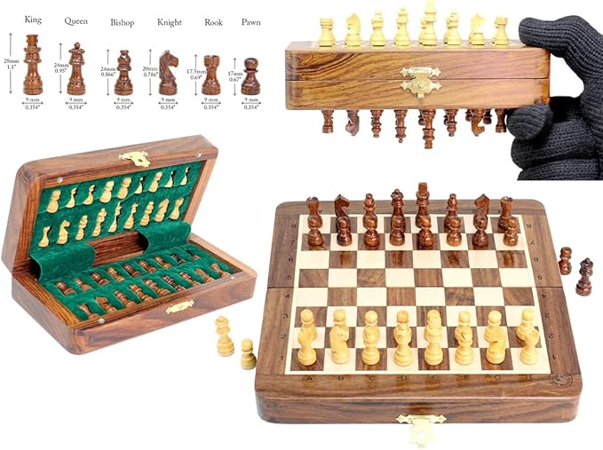 House of Chess - 6.5 Inch Wooden Magnetic Folding Travel Chess Set | Board - Algebraic Notation - Two Extra Queens - Handmade - Premium Quality (Golden Rosewood/Maple Wood)