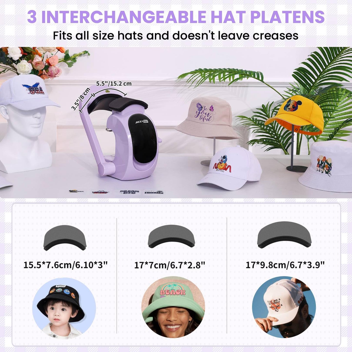 AKEYDIY 3-in-1 Auto Hat Heat Press Machine for Caps, with 3pcs Interchangeable Platens, Automatic Open & Release, Touchscreen for Precise Time & Temp Control, Heat Transfer Printing for Caps, Purple