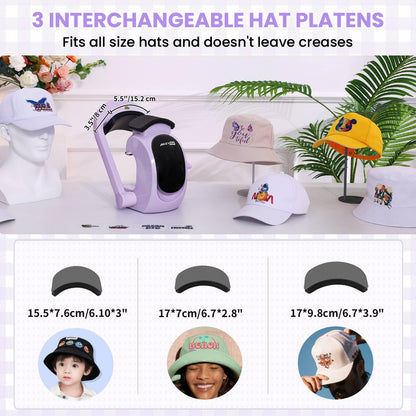 AKEYDIY 3-in-1 Auto Hat Heat Press Machine for Caps, with 3pcs Interchangeable Platens, Automatic Open & Release, Touchscreen for Precise Time & Temp Control, Heat Transfer Printing for Caps, Purple