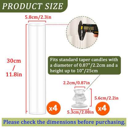 Hurricane Glass Candle Holders 4Pcs Fluted Candlestick Holders for Taper Candles with Cylinder Covers Crystal Candle Sticks Holder Decor for Wedding Birthday Christmas Table Decoration