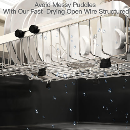 MAJALiS Dish Drying Rack Over The Sink, Expandable Stainless Steel Dish Drainer for Small Kitchen Counter Space Saving, RV Compact Plate Strainer In Silver Metal with Hanging Adjustable Utensil Holder