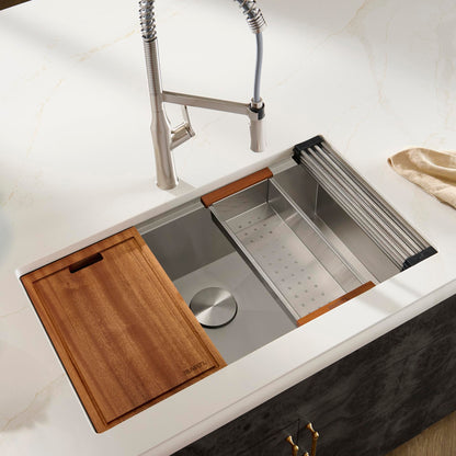 Ruvati 32-inch Undermount 16 Gauge Stainless Steel Workstation Kitchen Sink Single Bowl – Soundproof Multifunction Chef Sink with Cutting Board & Accessories, Brushed Finish Hides Scratches – RVH8300