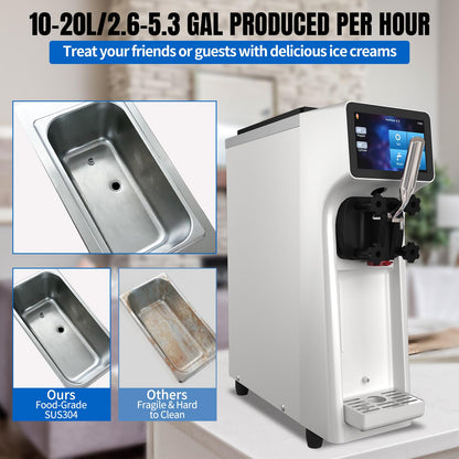 XPW Commercial Ice Cream Machine - 1000W 110V Single Flavor Soft Serve Ice Cream Maker Machine 2.7 to 4 Gal/H Touch LCD display & Auto Clean Soft Serve Maker Perfect for Bars Restaurants - White