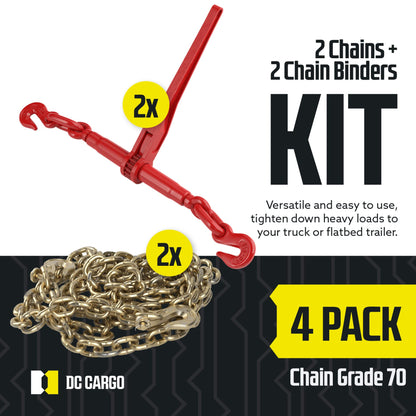 DC Cargo Chain Binder Kit | 3/8" Grade 70 Extra Long 20 Foot Chain - and Load Binder Set | Heavy Duty Ratcheting Chain and Binder | Load Chain and Binders – 6,600lb Working Load Limit As Set