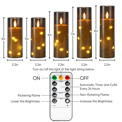 Homemory Flameless Candles with Star String Fairy Lights, Battery Operated Candles, LED Candle, Fake Candles with Remote Control and Timer, Modern Home Decor, Grey, Set of 5