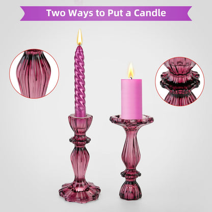 Glass Candle Holders, 2PCS Wide Base Candlestick Holder Decorative Candle Stand Table Centerpieces for Halloween Christmas Wedding Birthday Party, Dark Purple