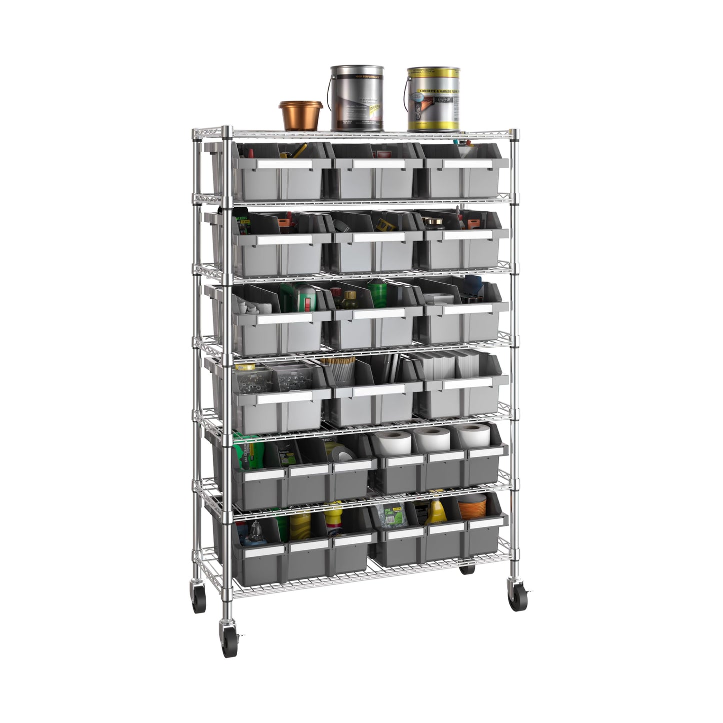 Seville Classics Heavy Duty NSF Bin Rack Solid Steel Wire Shelving Storage Unit, Patented Organizer for Garage, Warehouse, Office, Restaurant, Classroom, Kitchen, Gray, Includes 16 Bins