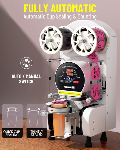 WantJoin Cup Sealing Machine - Full Automatic Cup Sealer Machine 89/90/95MM 3.50/3.54/3.74IN Electric White Cup Sealing Machine 500-600 Cups/h White