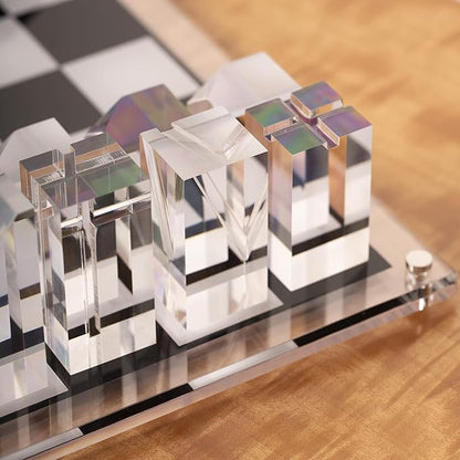 Bey-Berk Dom Acrylic Chess Set 28-Piece Black and Clear Lucite Pieces with 14 x 14 Board Architectural Modern Showpiece