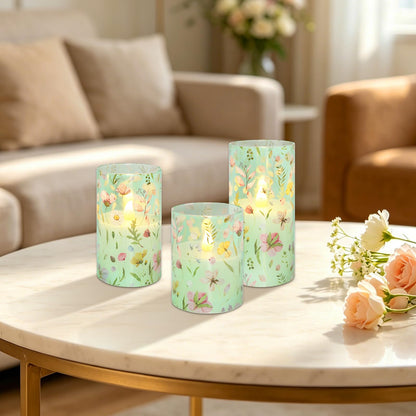 Impress Life Spring Decor Flameless Candles with Remote, 3PC Battery Operated Real Wax LED Candle, Pink Floral Decals with Flickering 3D Wick for Home Centerpiece