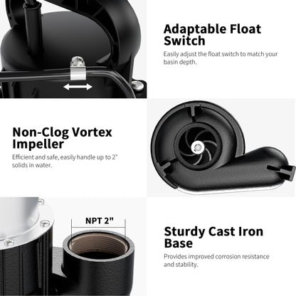 FOTING Sump Pump Submersible Sewage/Effluent Pump - Heavy Duty Cast Iron - 115V Septic Pump for Sump Basin/Residential/Sewage/Basement, 1HP 5600 GPH Sewage Pumps 2'' NPT,Black