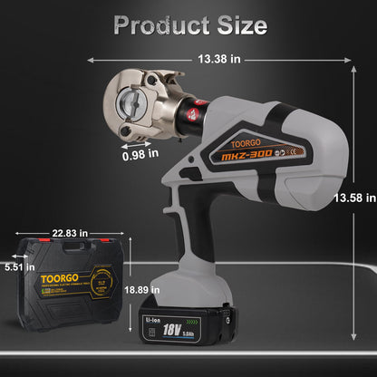 TOORGO Electric Cable Lug Crimper, Battery Powered Hydraulic Crimping Tool with 12 Dies, 6 Ton 8 AWG to 600 MCM Electric Wire Plier, Grey