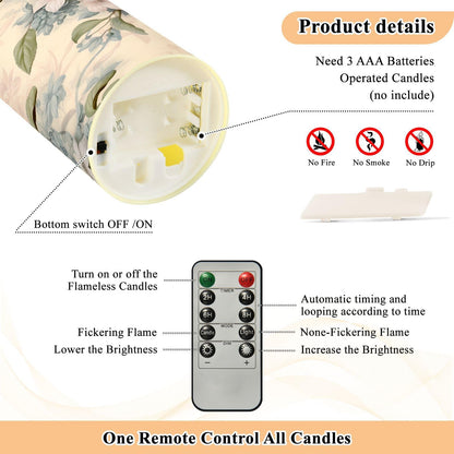 ALAZA Pink Flowers Flora Flickering Flameless Candles Battery Operated with Remote Timer,Tea Light Candles LED Pillar Votive Set of 2 for Outdoor Indoor Decorations 3" x3.9"