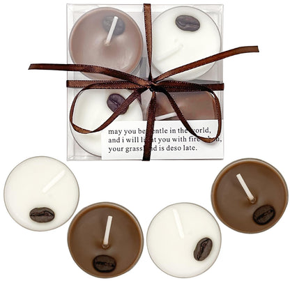 Coffee Scented Tea Lights - 4-Pack Beeswax Soy Wax Candles, White & Brown with Real Coffee Bean Decoration, Long-Lasting, Perfect for Relaxation and Gifts