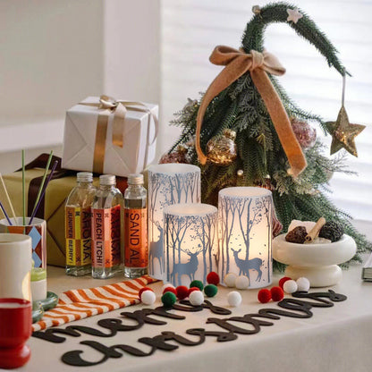 Lasumora Birch Silver Reindeer Christmas Candles with 6H Timer, Real Wax LED Candle Flameless Flickering, Battery Operated Candles Pillar for Home Décor Christmas Decorations Gifts, 3x4/5/6 inches