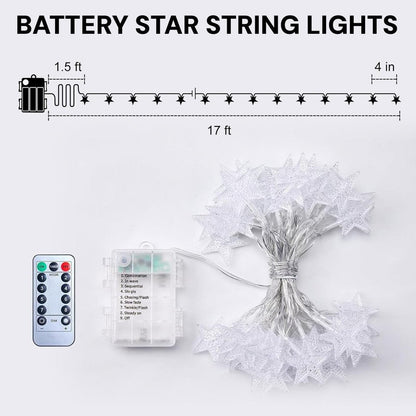 Wirhao Star String Lights Battery Operated 16.4 Feet 50 LED Star Fairy String Lights with Remote and Timer, 8 Light Modes Christmas Decorations Lights for Bedroom Waterproof for Outdoor, Bright White