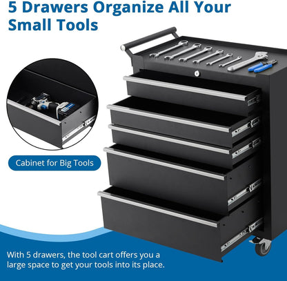 Rolling Tool Box with Wheels, 5 Drawer Tool Storage Cabinet, Portable Toolbox Organizer with Lock, Heavy Duty Tool Chest Cart for Garage, Mechanic, Workshop, Shop, Mobile Tool Organizer, Black