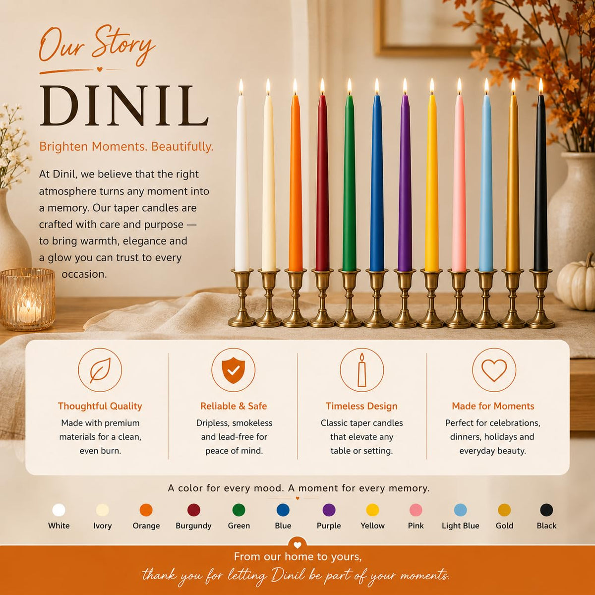 Dinil Orange Taper Candles - 10 Inch Unscented Dripless Smokeless Candlesticks Set of 12 | Perfect for Fall, Halloween, Thanksgiving, Dinner, Wedding and Party Decoration