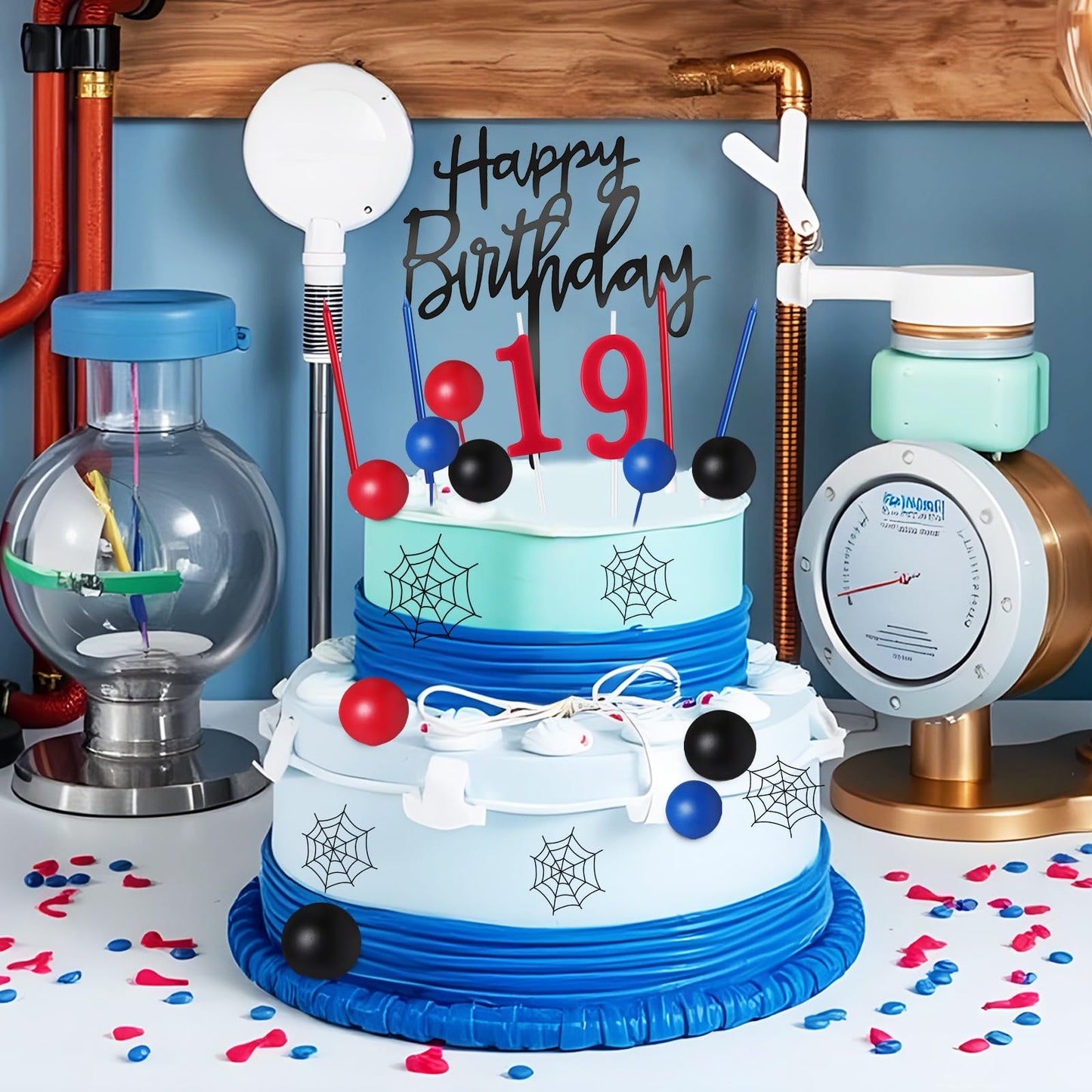Yerliker 34 Pcs Happy Birthday Cake Toppers Decorations Birthday Candles DIY Cake Decor for Men Women Wedding Anniversary(Blue Red Black)