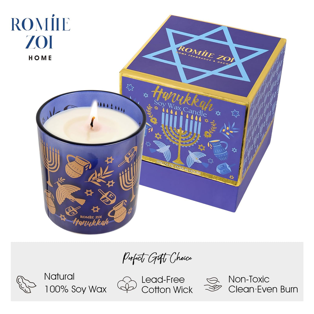 ROMIIE ZOI Hanukkah Scent Candle - 6oz Soy Wax Candle - Hanukkah - Infused with Sandalwood & Bergamot Aroma- Royal Blue Gift Box for Christmas Holiday Gifts