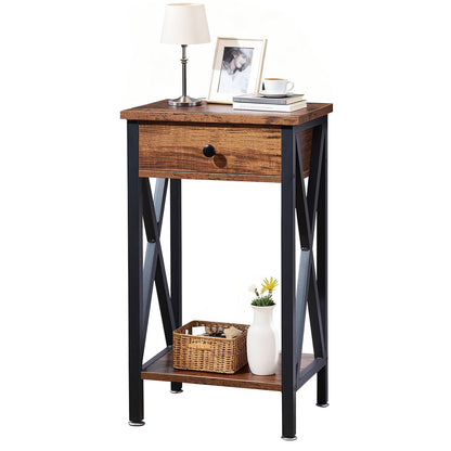 VECELO Tall End Side Tables,27 Inch Night Stand with U-Shape Basket and Storage Drawer/Shelf for Living Room/Bedroom/Small Spaces,Set of 2,Brown