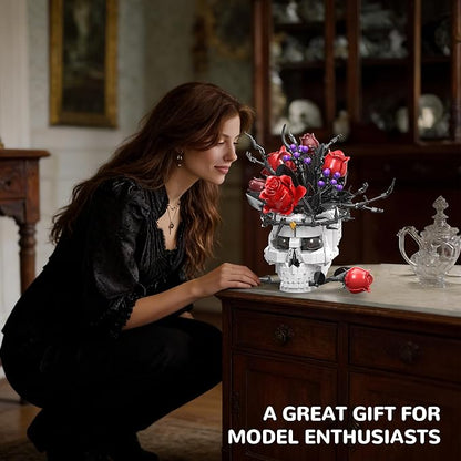 Skull Roses Flowers Building Set for Adults Gothic Horror Skeleton with Red Bouquet Botanical Collection Home Art Decor Gift for Women Girls