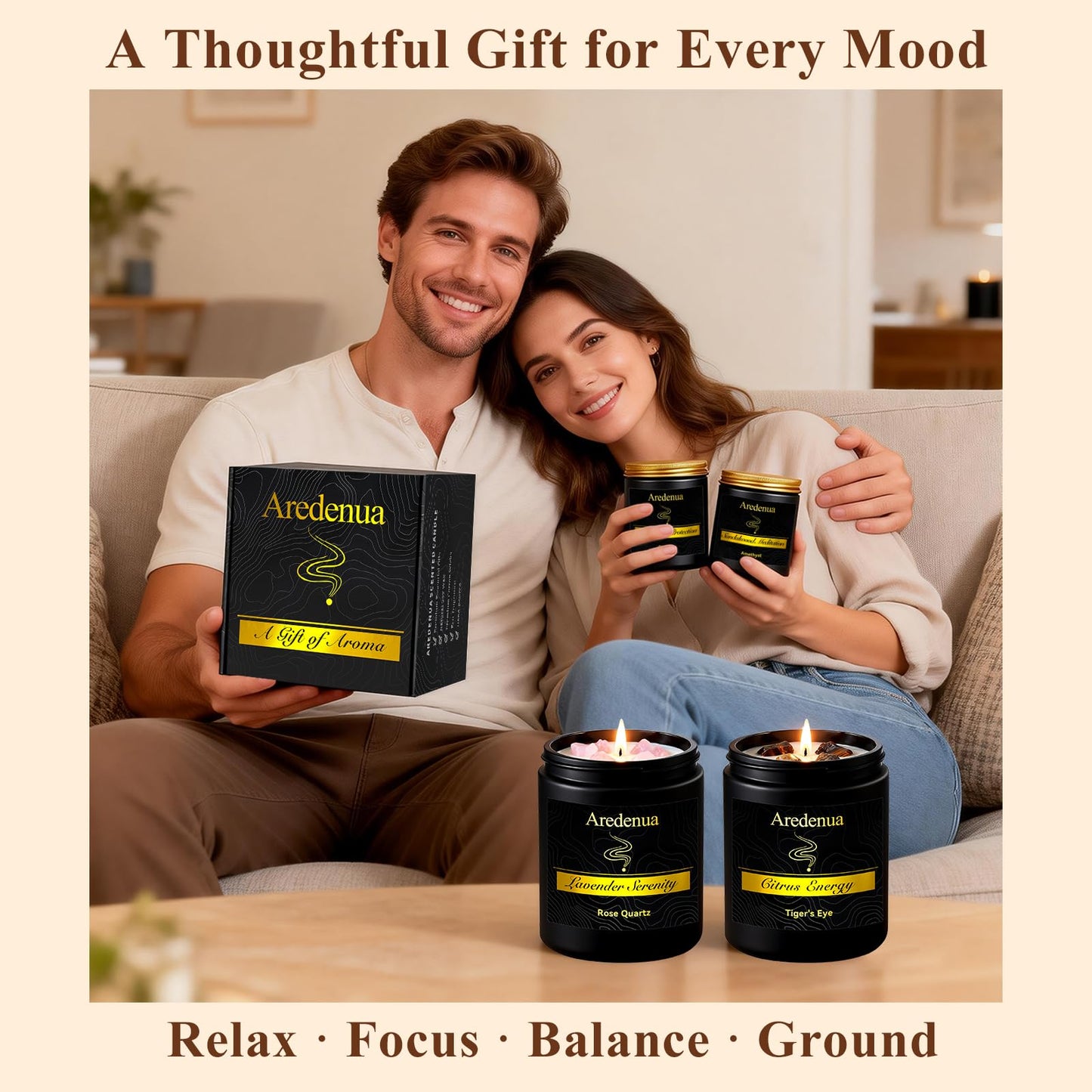 Aredenua Scented Candles Set, 4 Pack Crystal Healing Candles with Rose Quartz Amethyst Tiger Eye Obsidian, 7oz Natural Soy Wax Candles, Lavender Citrus Sandalwood Cedar, Meditation Gifts for Women Men