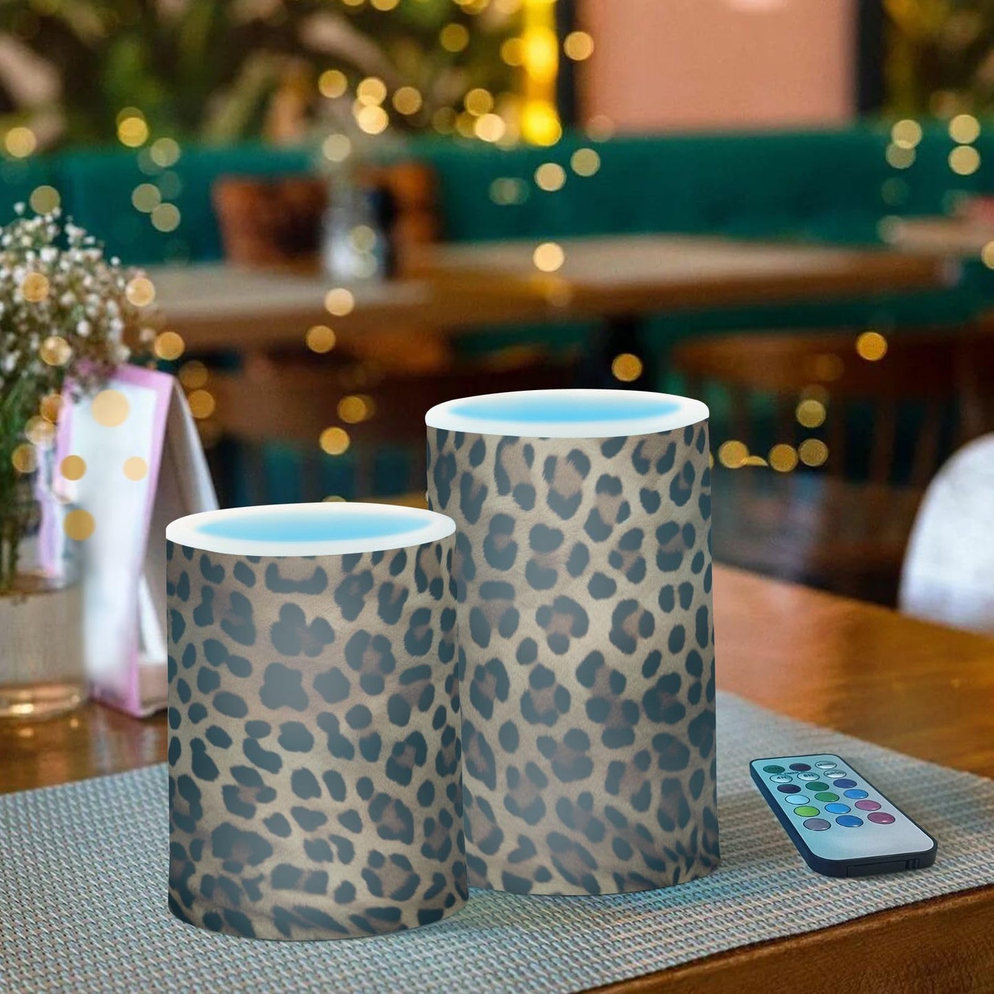 GOODOLD Flameless Candles with Remote Control and Timer, Leopard Print Flickering Candles Battery Operated LED Pillar Candles, Warm Light for Home Decor, Set of 2 (D 3" x H 4" 5")
